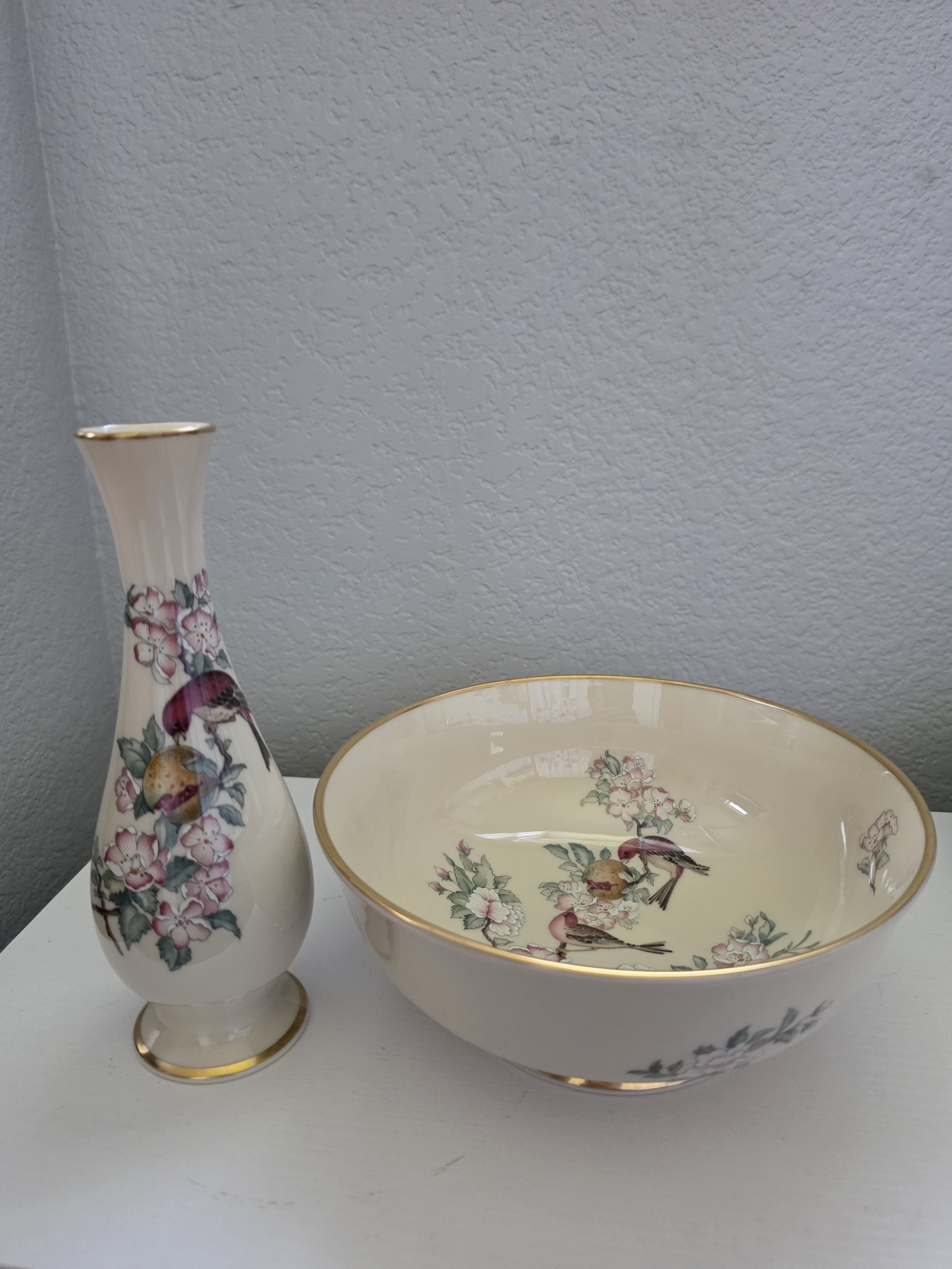 Lenox Serenade Cream Floral and Bird Vase with Matching Bowl - Gold Trim